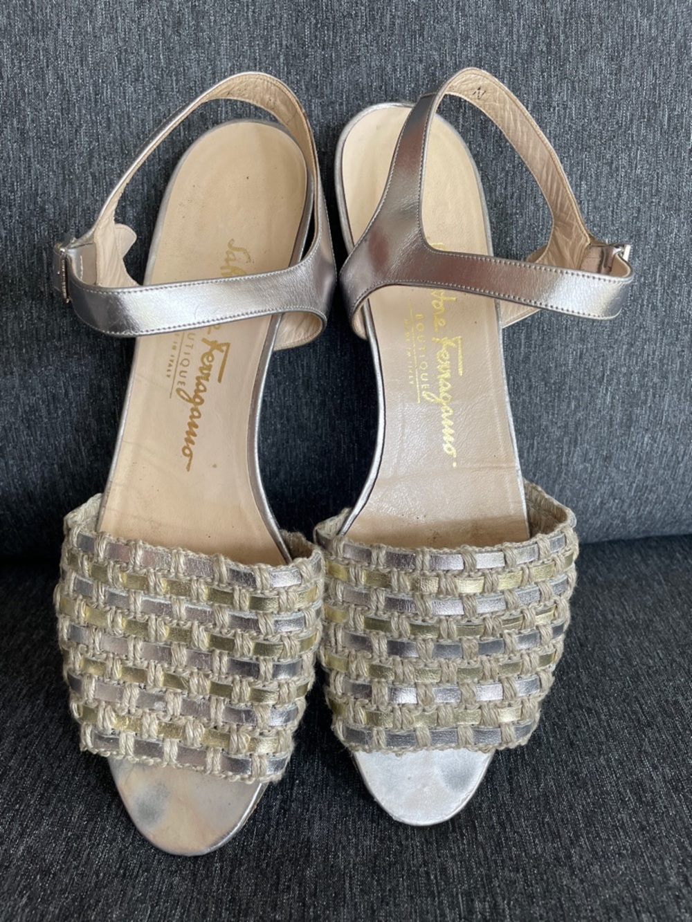 Salvatore Ferragamo sandals 8,5 narrow silver all leather with linen rope wave - Picture 2 of 7
